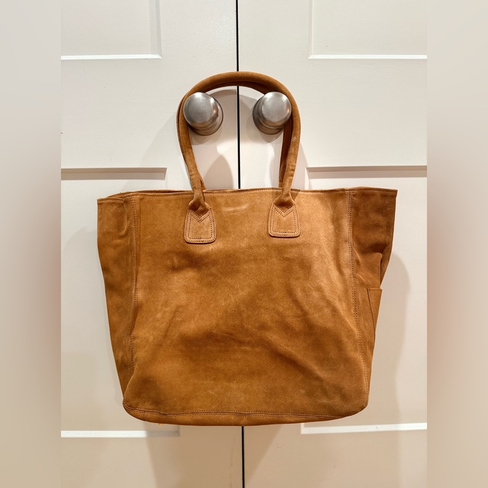 LAI cognac brown suede leather large shopping tote bag